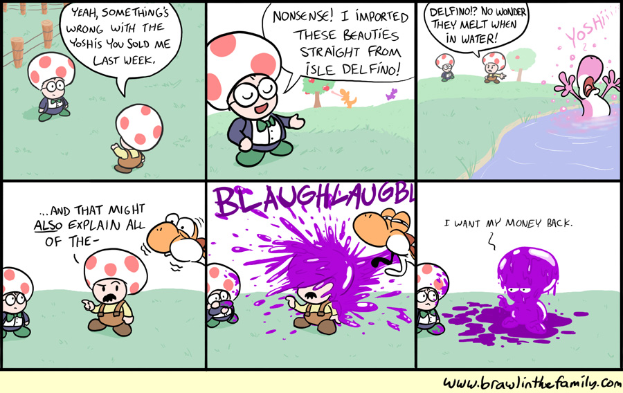 Go figure that the tropical breed of Yoshi is allergic to both water and fruit.