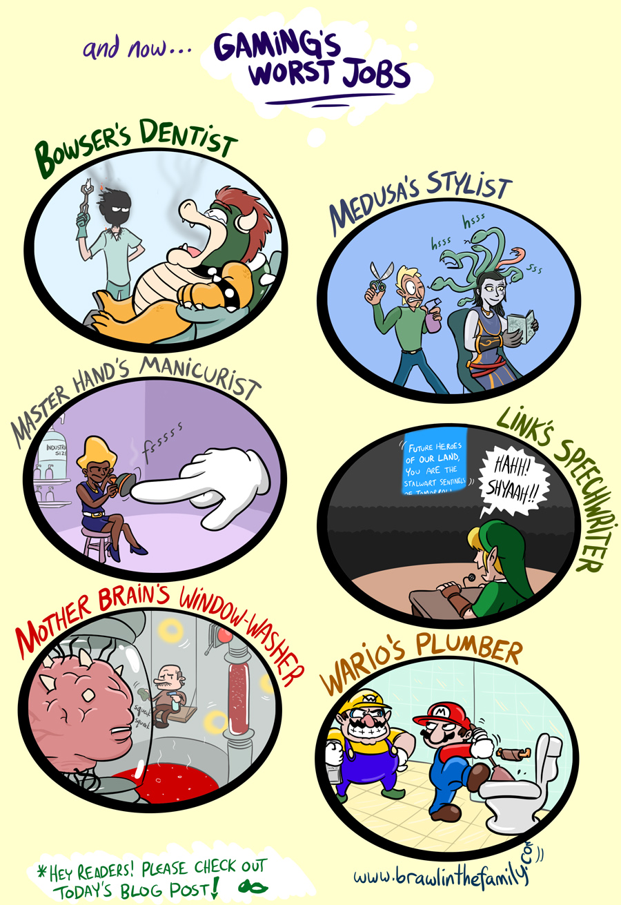 Other lousy jobs: Glass Joe's healthcare provider, Phantoon's optometrist, and Peach's bodyguard