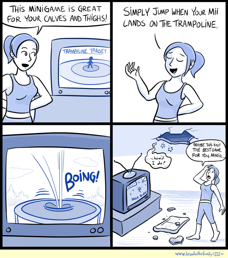 Between this incident and Bowser breaking the darn thing when he tried, Wii Fit Trainer is hoping to go back to more normal clientele.