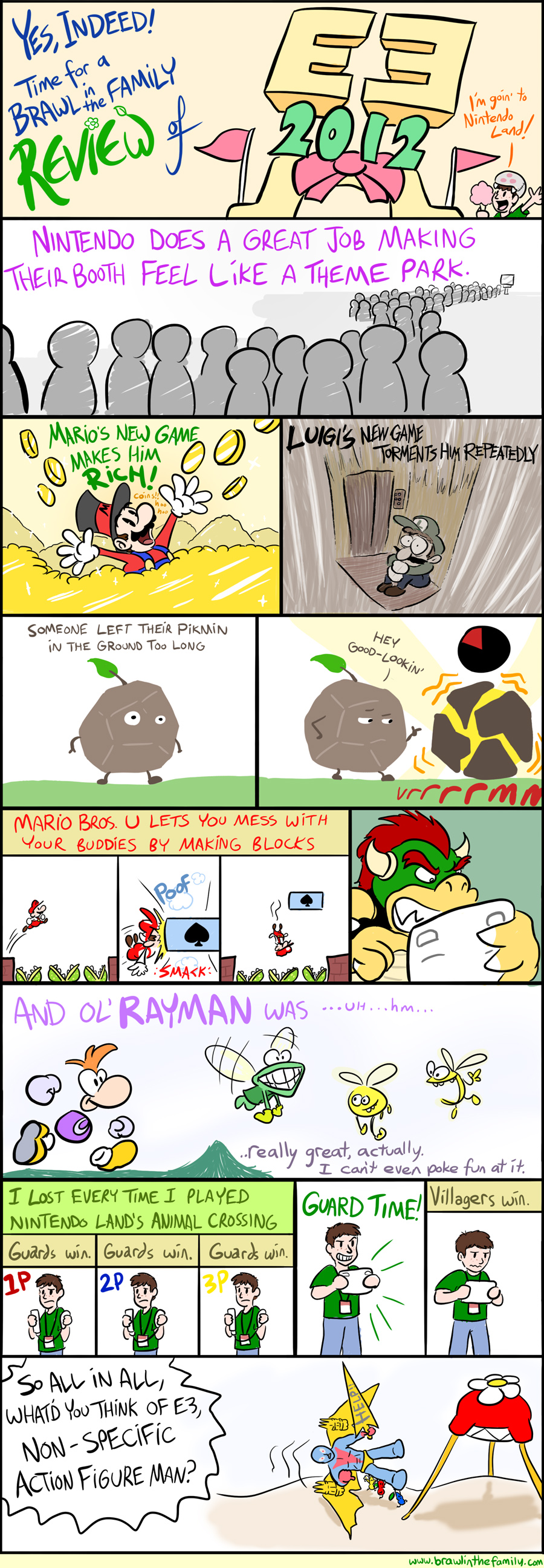 'Hoy, small fry!  It's your pal Fishman, here once again to regale you with mouseover text that's sure to enhance your enjoyment of today's featured comic!  Now let's see here...what's something witty I can say about this content?  Maybe something about Pikmin 3 being my PIK of the show!  ..Eh, puns are pretty played out, wouldn't you say, fry?  Besides, the use of ''Pik'' in the name itself is already implying that you're ''picking'' them out of the ground, so there's not even a double-meaning there.  At best, it's a cute reuse of the word's original intent already, so that's no good either.  Maybe something with Nintendo Land, like a gag about how...I dunno, game mascots or something.  Maybe some bratty kid beating up a happy mascot in a Moblin suit or something.  Kids beating up mascots is still fresh humor, right?  ...Right, fry?  I dunno, I think that's enough good material for now, eh?  At any rate, I'm already feeling overworked and my fins are starting to chafe from this typing, so toss me some of the teriyaki bait next time, fry.  One bite and you're south of the...um, wherever that flavor's from.  I dunno, I used up the last of my creativity about five minutes ago, so I'll see ya.  And with that, I'm off!